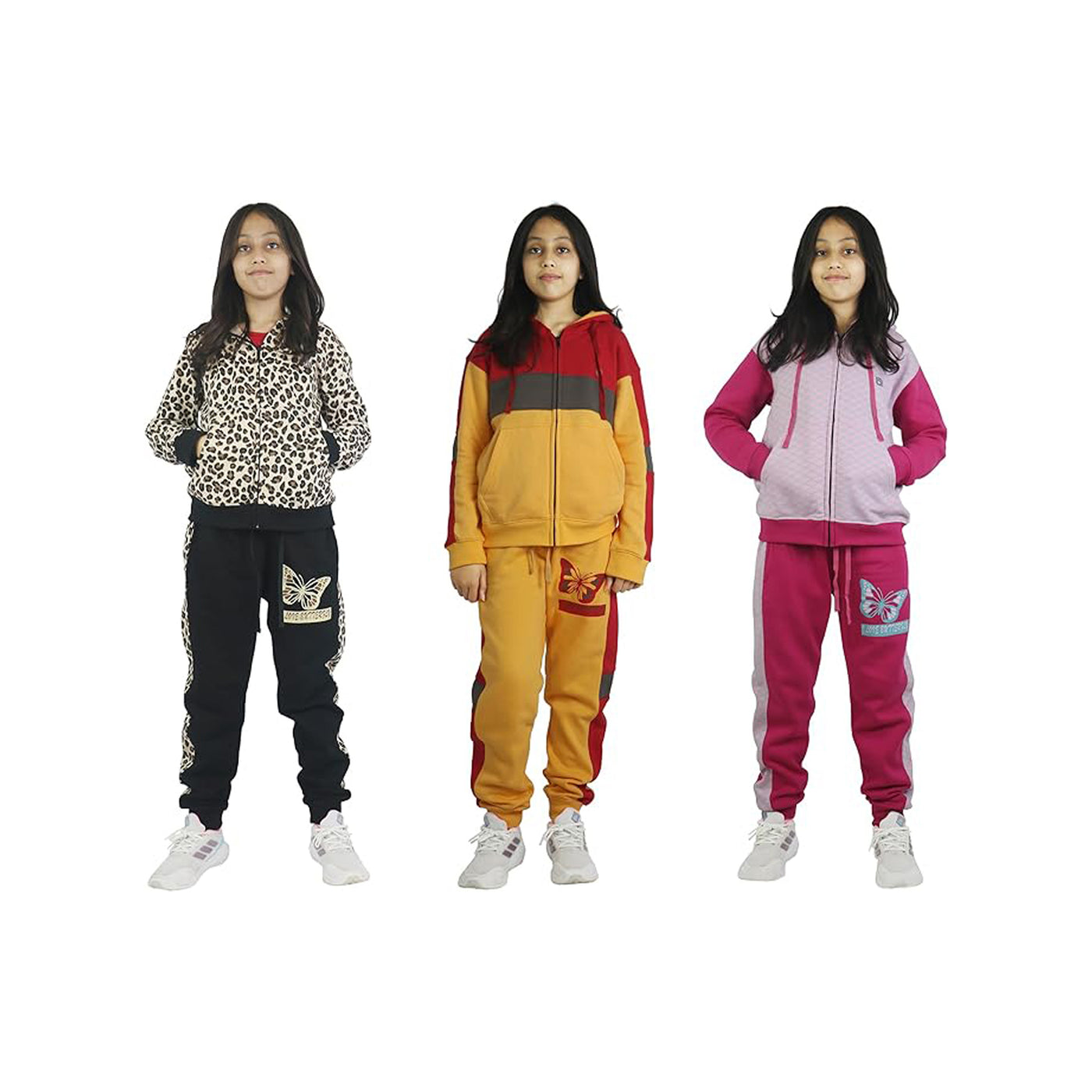 Bahob® Girls Tracksuits Set Top And Bottoms Fleece Zipper Hoodie Contrast Panel Butterfly Print Girl's Sportswear Set Tracksuits Activewear Set 3-14 Years