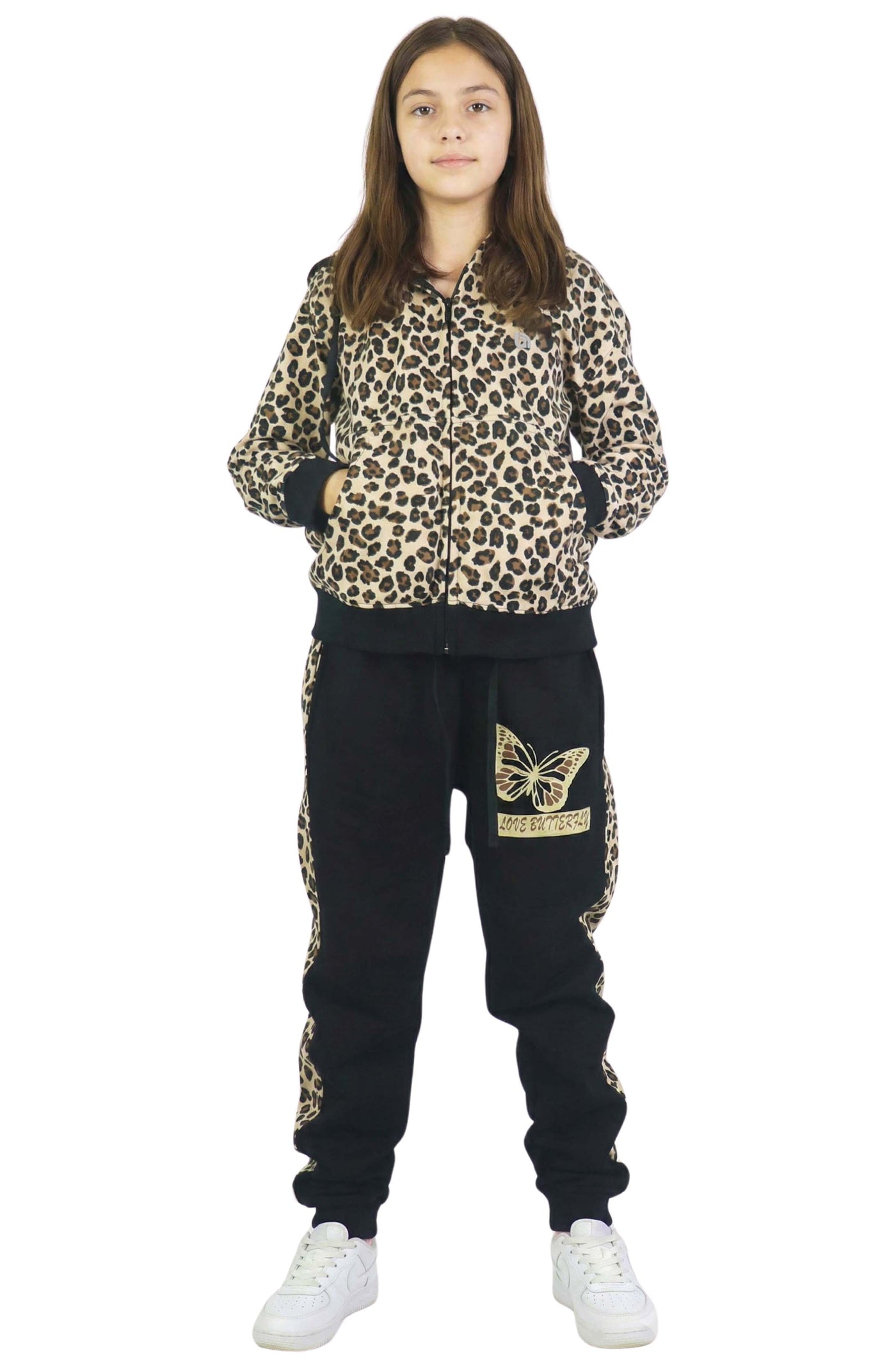 Bahob® Girls Tracksuits Set Top And Bottoms Fleece Zipper Hoodie Contrast Panel Butterfly Print Girl's Sportswear Set Tracksuits Activewear Set 3-14 Years