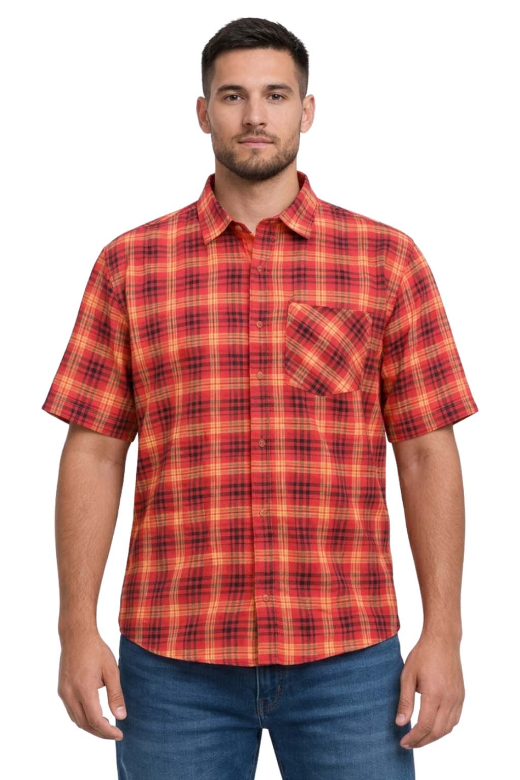 Men's Formal Dress Shirt Checked Short Sleeve Casual Mens Dress Shirt Cotton Button Down Shirts for Men with Pocket S-3XL
