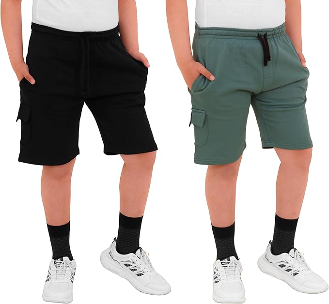 2 Pack Boys Cargo Shorts with Pockets Kids Terry Fleece Short Summer Shorts Elasticated Waistband 5-14 Years