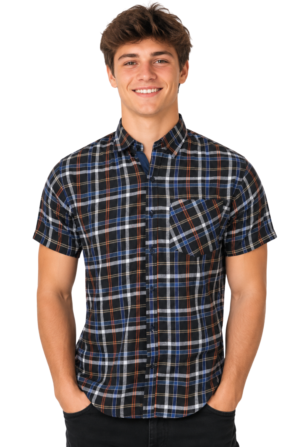 Men's Formal Dress Shirt Checked Short Sleeve Casual Mens Dress Shirt Cotton Button Down Shirts for Men with Pocket S-3XL