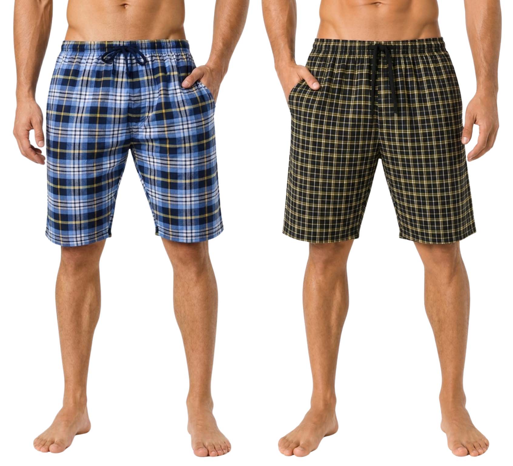 2 Pack Men's Cotton Pyjamas Lounge Shorts Bottoms Check Woven Checked Pyjama Bottoms S-3XL