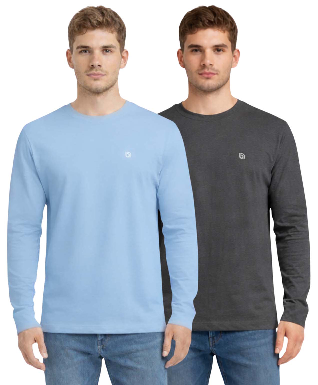 Bahob® 2 Pack Men's Long Sleeve T-Shirt Top Round Neck Full Sleeve T-Shirt Soft Cotton
