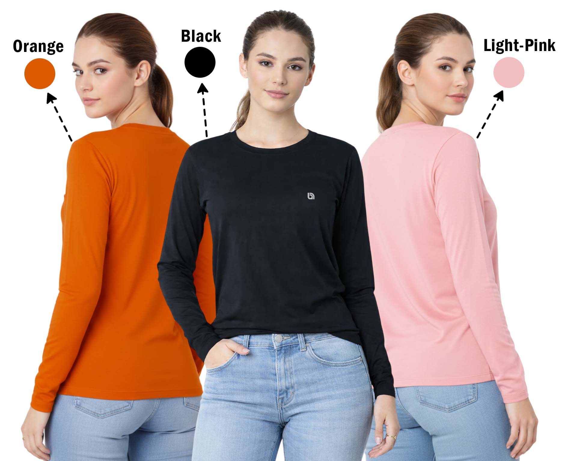 Bahob® 3 Pack Women's Classic-Fit Crewneck , Multipacks Ladies Long Sleeve T-Shirt Top S-XXL