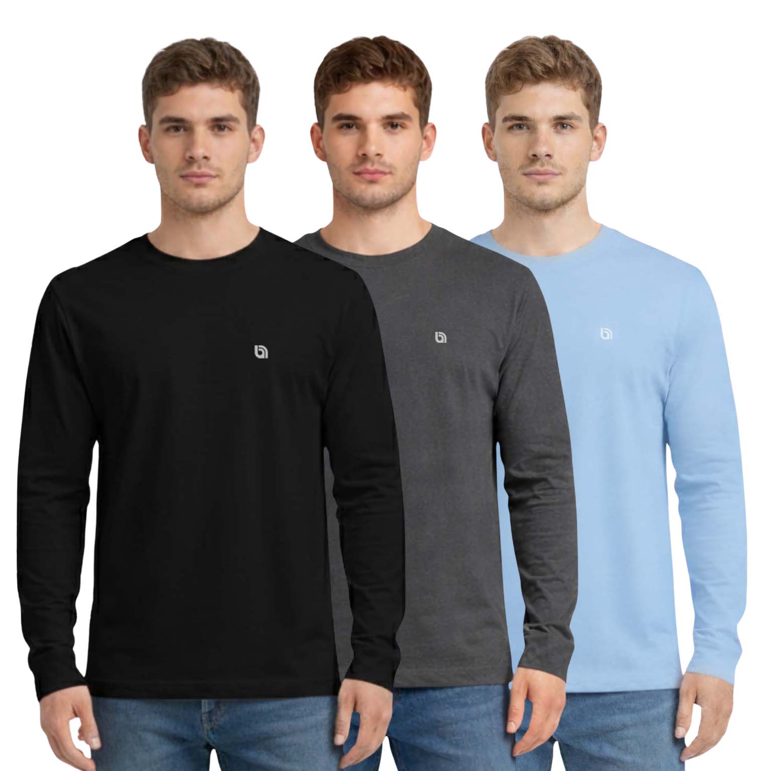 Bahob® 3 Pack Men's Long-Sleeved T-Shirt Round Neck T-Shirts Comfortable Crewneck Neck Tops for Men Soft Cotton S-3XL