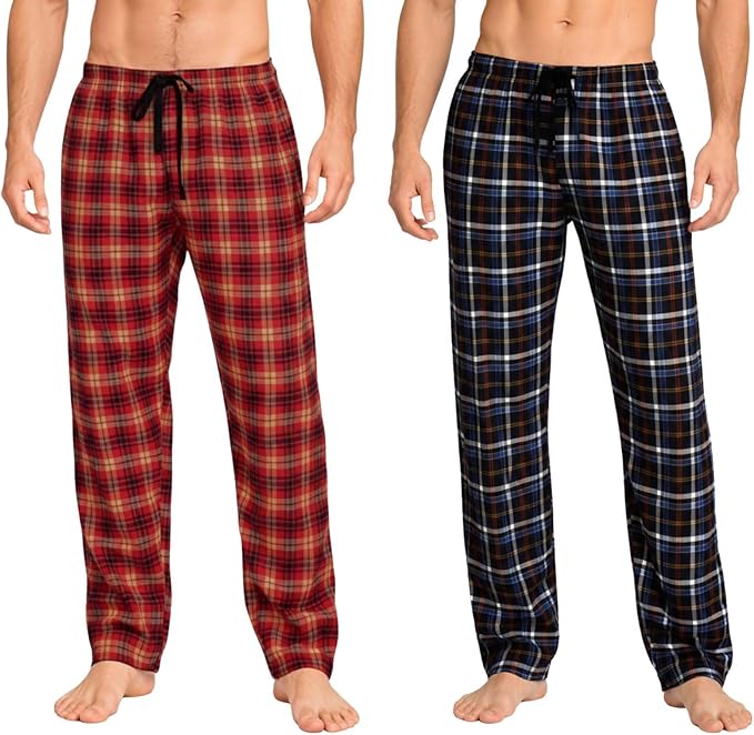 2 Pack Men's Cotton Woven Pyjama Bottoms Check Lounge Pants Nightwear Checked Pyjama Bottoms Sleepwear Loungewear S-3XL