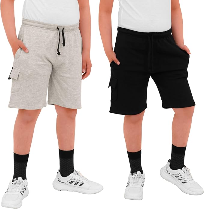 2 Pack Boys Cargo Shorts with Pockets Kids Terry Fleece Short Summer Shorts Elasticated Waistband 5-14 Years