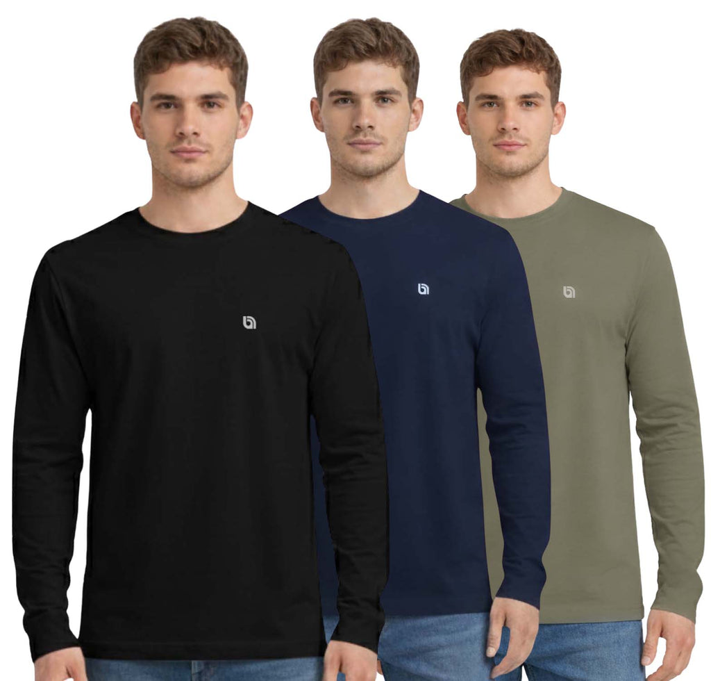 Bahob® 3 Pack Men's Long-Sleeved T-Shirt Round Neck T-Shirts Comfortable Crewneck Neck Tops for Men Soft Cotton S-3XL
