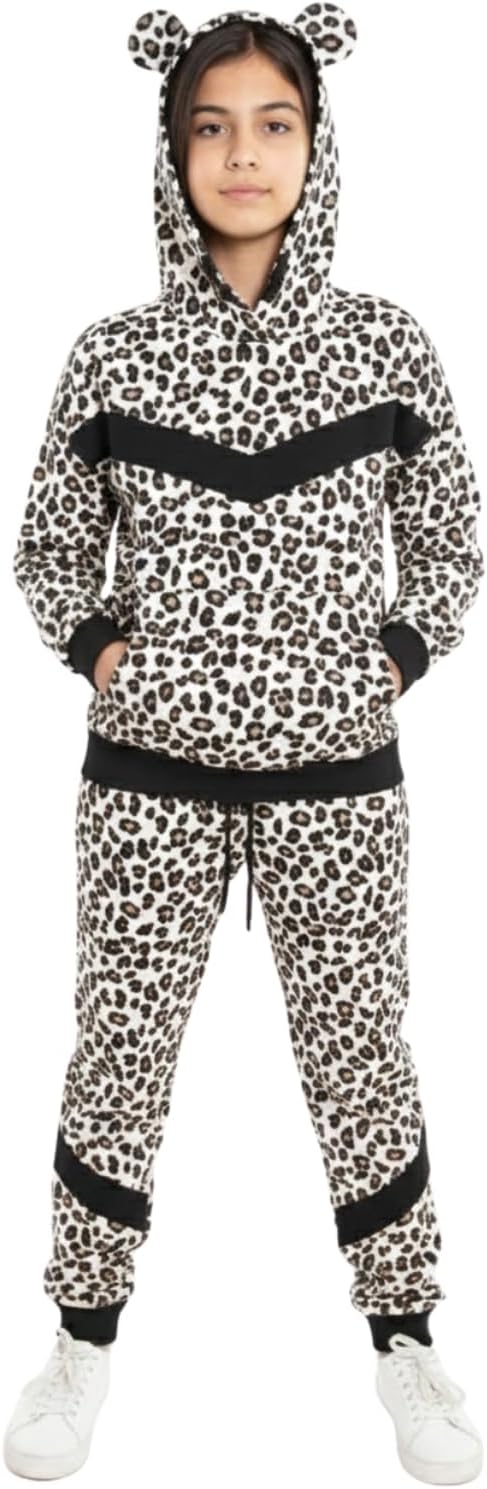 Bahob® 1 Pack Girls Tracksuits Set Cheetah Print Hoodie and Tracksuit Jogging Bottoms Kids Track Suits Activewear Sets for Girls 5-14 Years