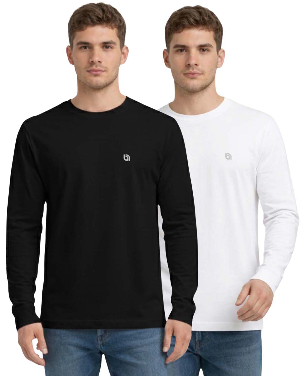 Bahob® 2 Pack Men's Long Sleeve T-Shirt Top Round Neck Full Sleeve T-Shirt Soft Cotton