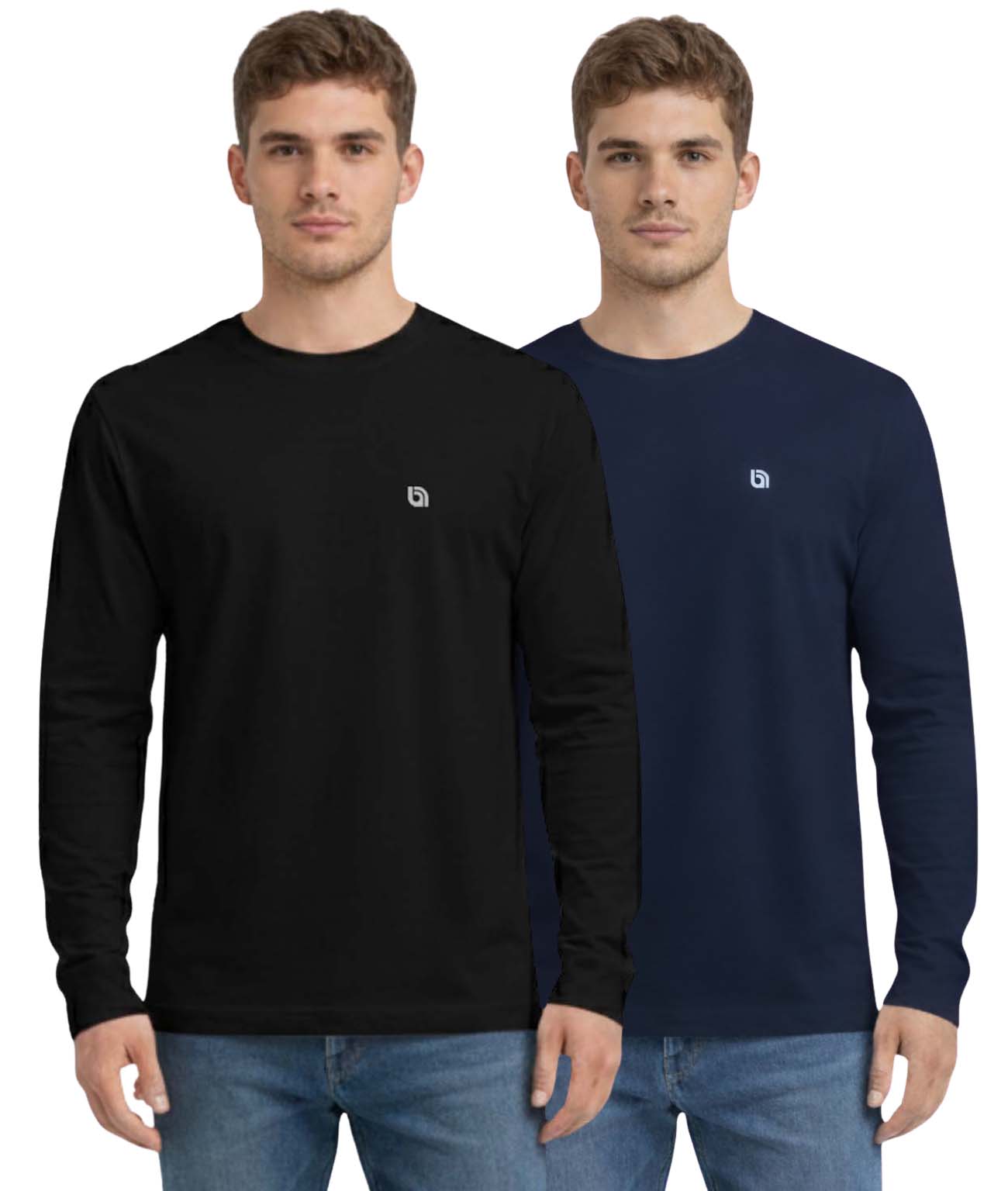 Bahob® 2 Pack Men's Long Sleeve T-Shirt Top Round Neck Full Sleeve T-Shirt Soft Cotton