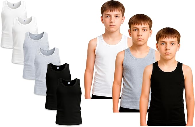 Bahob® 6 Pack Boy's Underwear Vests Soft Cotton Tank Tops Kids Sleeveless Vests Undershirts 100% Cotton