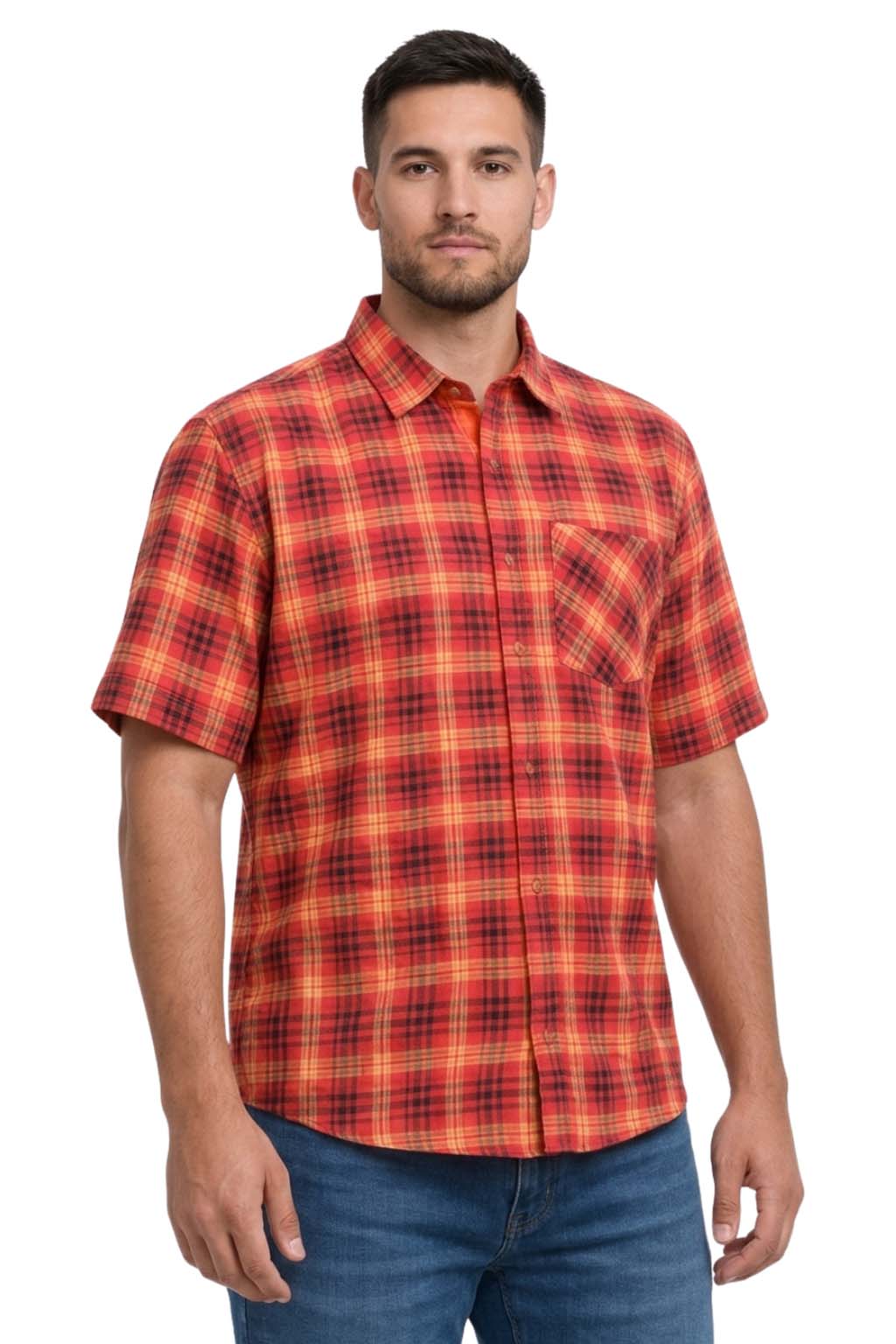 Men's Formal Dress Shirt Checked Short Sleeve Casual Mens Dress Shirt Cotton Button Down Shirts for Men with Pocket S-3XL