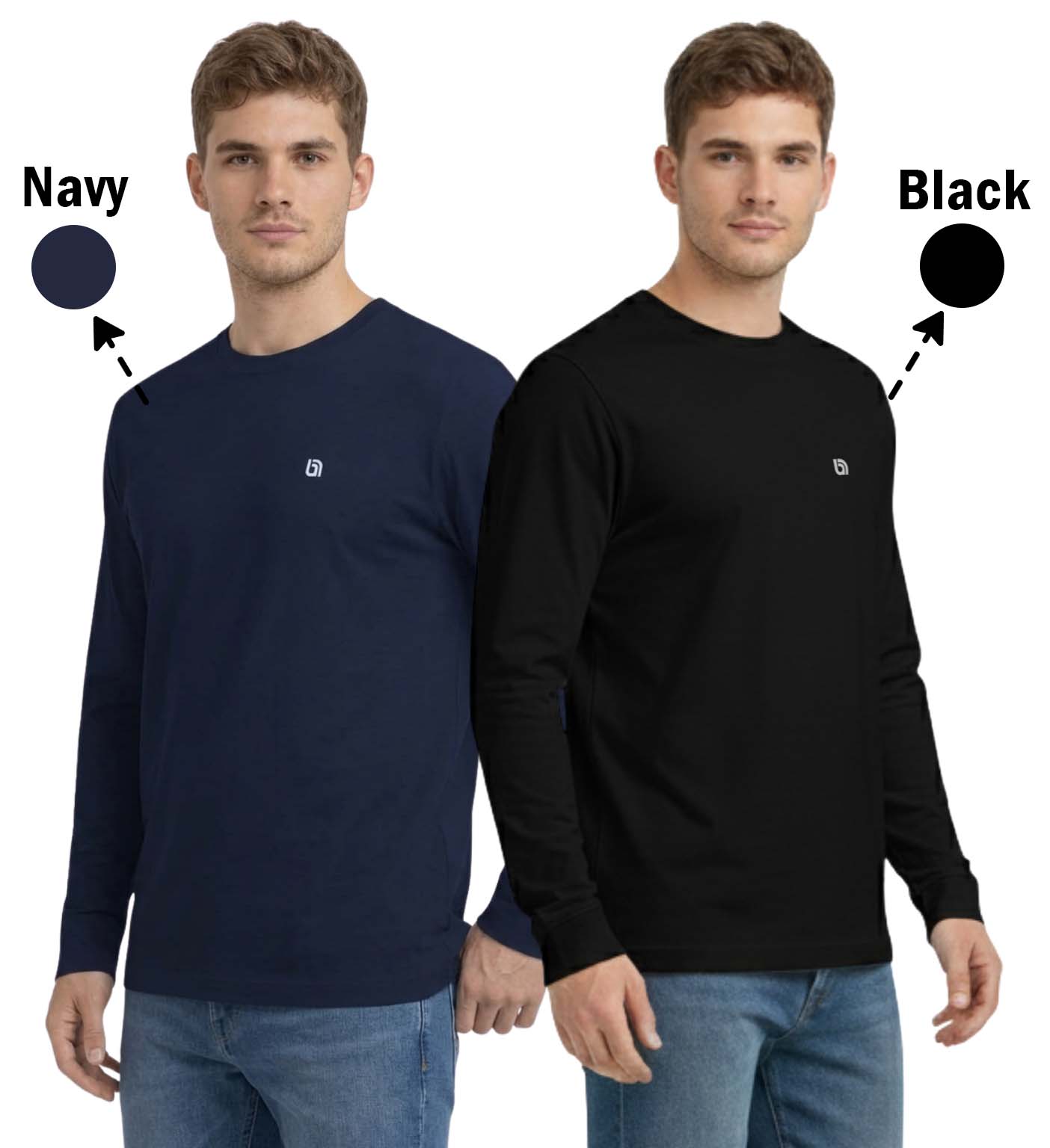 Bahob® 2 Pack Men's Long Sleeve T-Shirt Top Round Neck Full Sleeve T-Shirt Soft Cotton