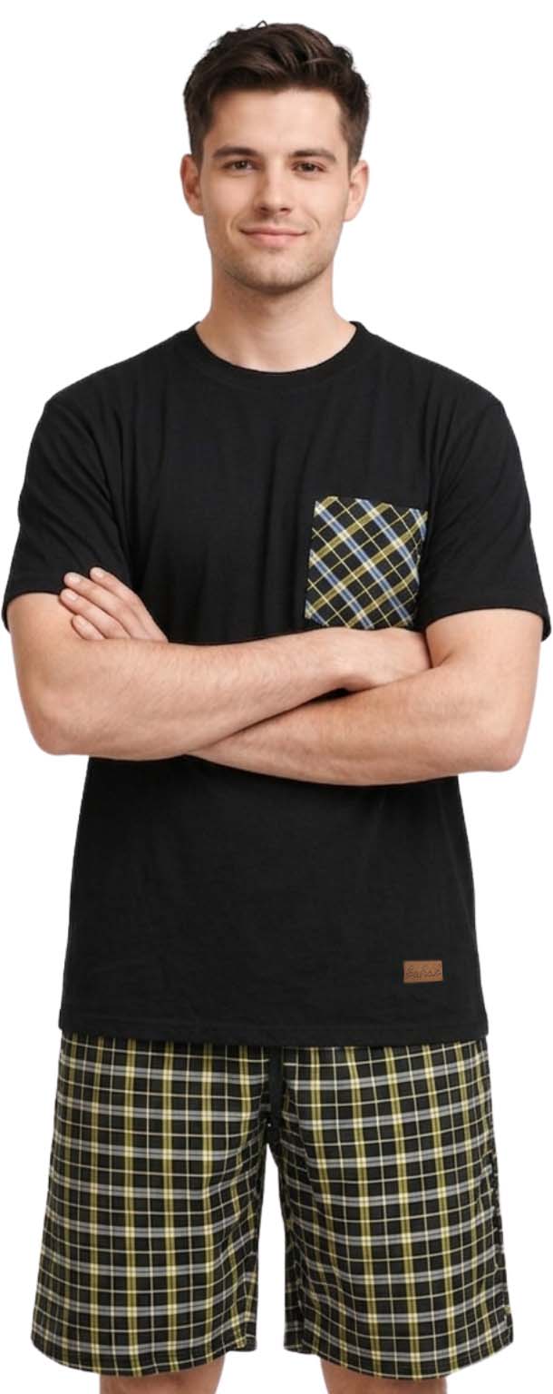 Men's Pyjamas Set Short Sleeve Round Neck T-Shirt with Checked Shorts Loungewear Nightwear Pyjamas for Men S-3XL