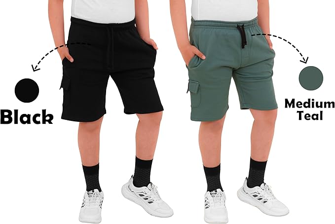 2 Pack Boys Cargo Shorts with Pockets Kids Terry Fleece Short Summer Shorts Elasticated Waistband 5-14 Years