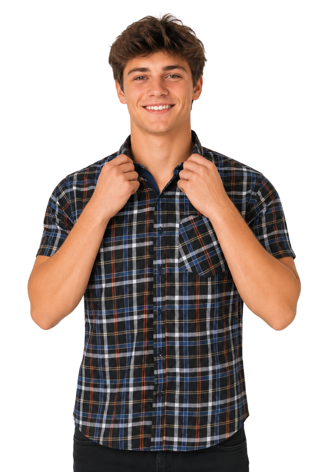 Men's Formal Dress Shirt Checked Short Sleeve Casual Mens Dress Shirt Cotton Button Down Shirts for Men with Pocket S-3XL