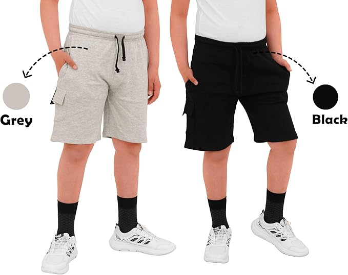 2 Pack Boys Cargo Shorts with Pockets Kids Terry Fleece Short Summer Shorts Elasticated Waistband 5-14 Years