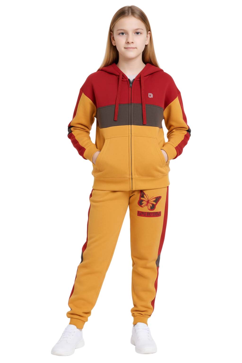 Bahob® Girls Tracksuits Set Top And Bottoms Fleece Zipper Hoodie Contrast Panel Butterfly Print Girl's Sportswear Set Tracksuits Activewear Set 3-14 Years