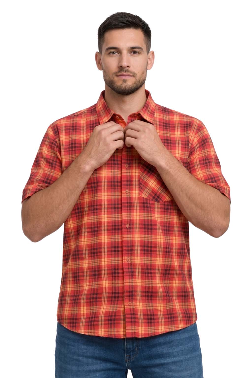 Men's Formal Dress Shirt Checked Short Sleeve Casual Mens Dress Shirt Cotton Button Down Shirts for Men with Pocket S-3XL
