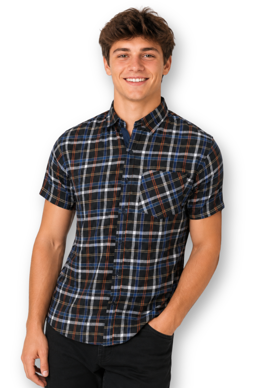 Men's Formal Dress Shirt Checked Short Sleeve Casual Mens Dress Shirt Cotton Button Down Shirts for Men with Pocket S-3XL