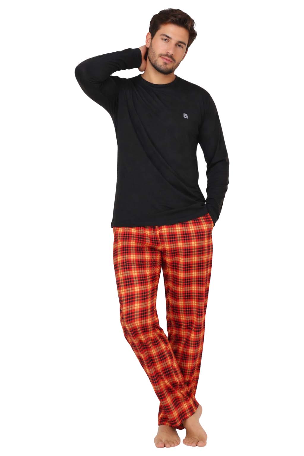 Bahob® Men's Pajamas Sets, Men Pjs Long Sleeve Loungewear Set for Men Check Bottoms Soft Cotton Sleepwear Suits Nightwear Top and Bottom S-3XL