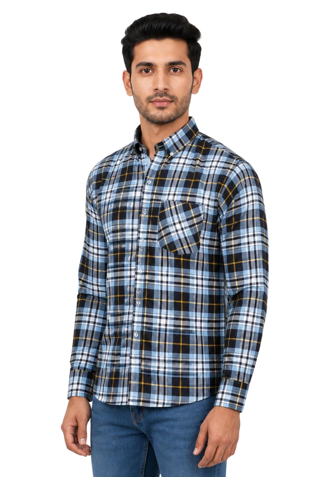 Men's Formal Dress Shirt Checked Long Sleeve Casual Mens Dress Shirt Cotton Button Down Shirts for Men with Pocket S-3XL