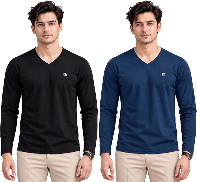 Bahob®2 Pack Men's Long Sleeved T-Shirt V Neck T-Shirts Comfortable Tops for Men Soft Cotton S-3XL