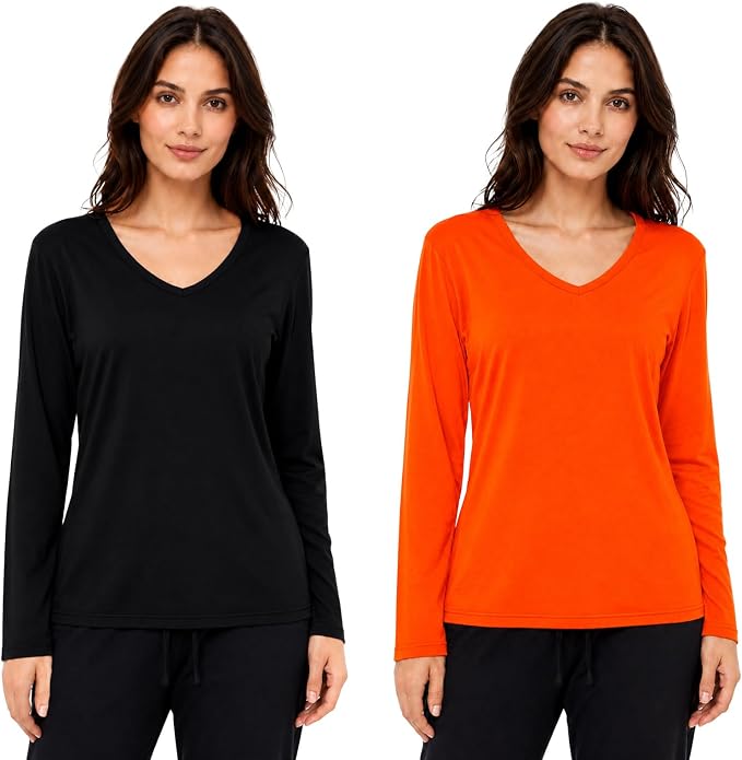 2 Pack Women's Classic Fit Long Sleeve V Neck T-Shirt Multipacks Ladies Long Sleeve T-Shirt Top S-XXL