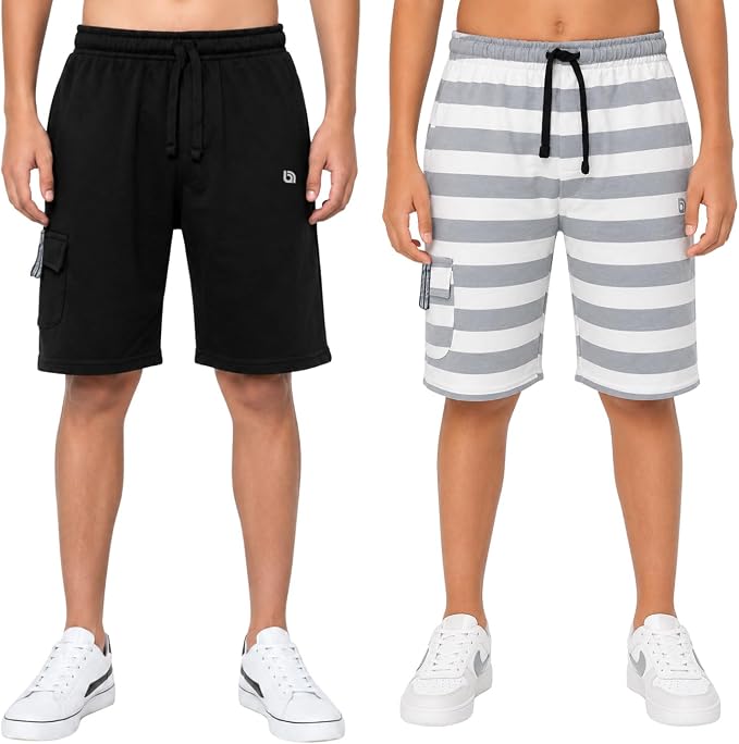 2 Pack Boys Cargo Shorts with Pockets Kids Terry Fleece Short Summer Shorts Elasticated Waistband 5-14 Years