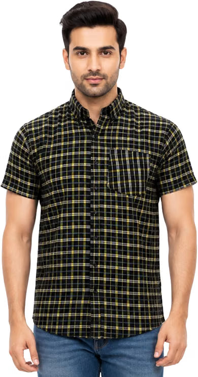 Men's Formal Dress Shirt Checked Short Sleeve Casual Mens Dress Shirt Cotton Button Down Shirts for Men with Pocket S-3XL