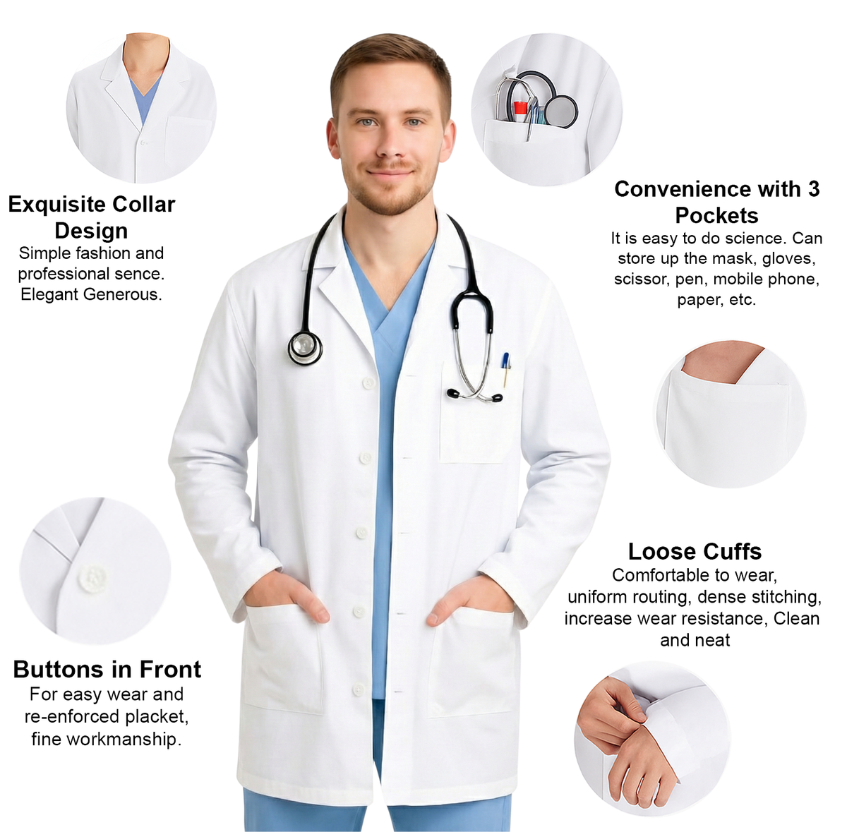 White Medical Coat Long Sleeved Unisex Lab Coat for Men and Women Doctors S-XXL