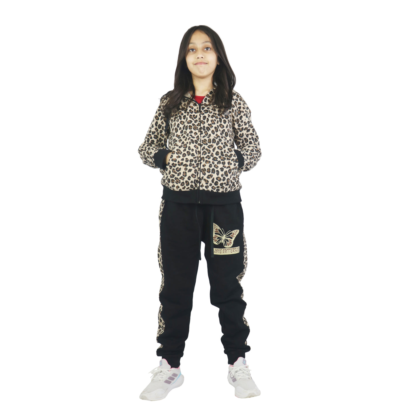 Bahob® Girls Tracksuits Set Top And Bottoms Fleece Zipper Hoodie Contrast Panel Butterfly Print Girl's Sportswear Set Tracksuits Activewear Set 3-14 Years