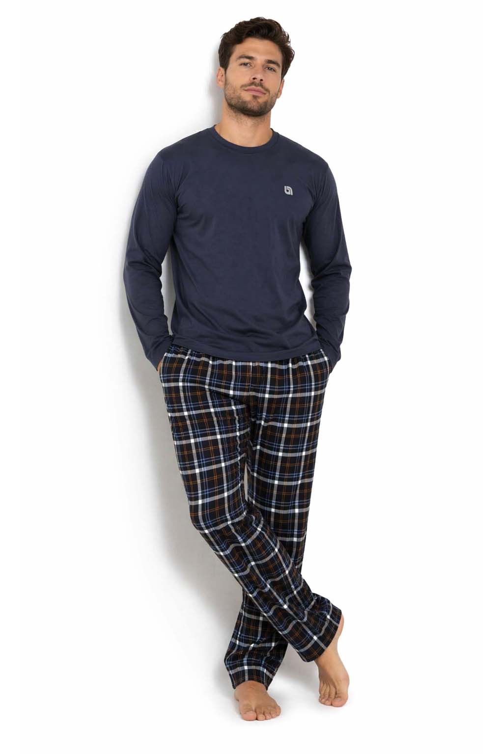 Bahob® Men's Pajamas Sets, Men Pjs Long Sleeve Loungewear Set for Men Check Bottoms Soft Cotton Sleepwear Suits Nightwear Top and Bottom S-3XL