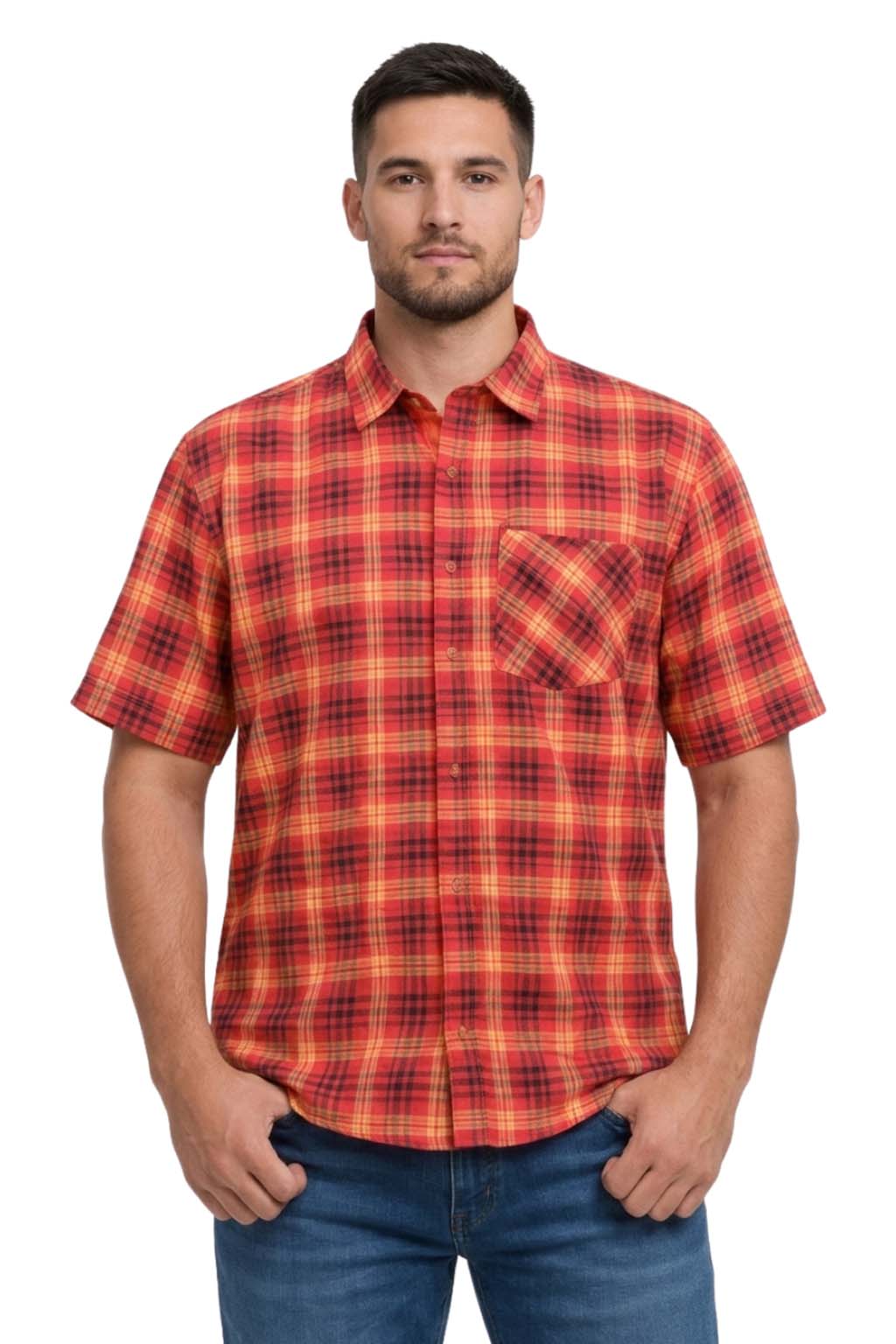 Men's Formal Dress Shirt Checked Short Sleeve Casual Mens Dress Shirt Cotton Button Down Shirts for Men with Pocket S-3XL