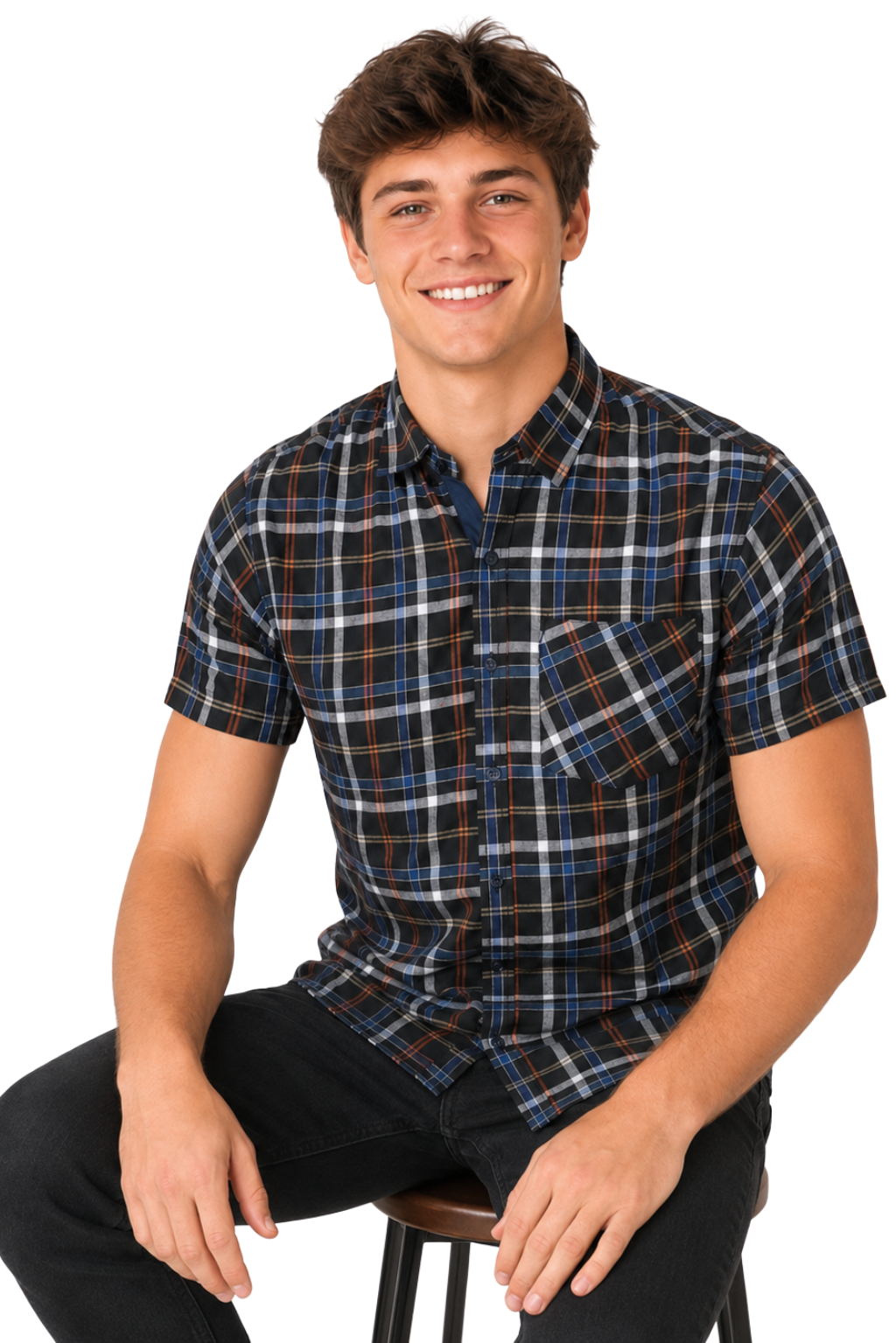 Men's Formal Dress Shirt Checked Short Sleeve Casual Mens Dress Shirt Cotton Button Down Shirts for Men with Pocket S-3XL