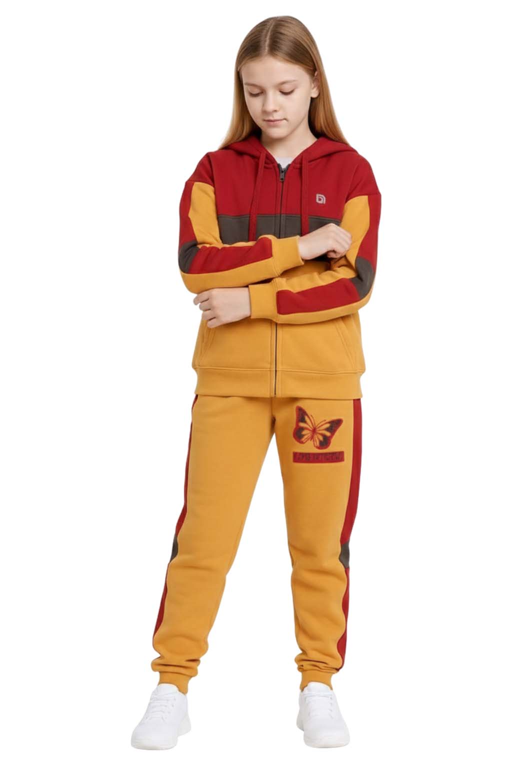 Bahob® Girls Tracksuits Set Top And Bottoms Fleece Zipper Hoodie Contrast Panel Butterfly Print Girl's Sportswear Set Tracksuits Activewear Set 3-14 Years