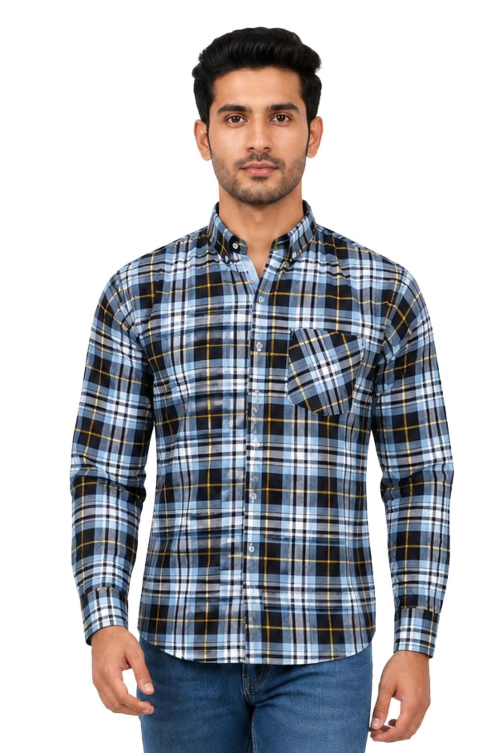Men's Formal Dress Shirt Checked Long Sleeve Casual Mens Dress Shirt Cotton Button Down Shirts for Men with Pocket S-3XL