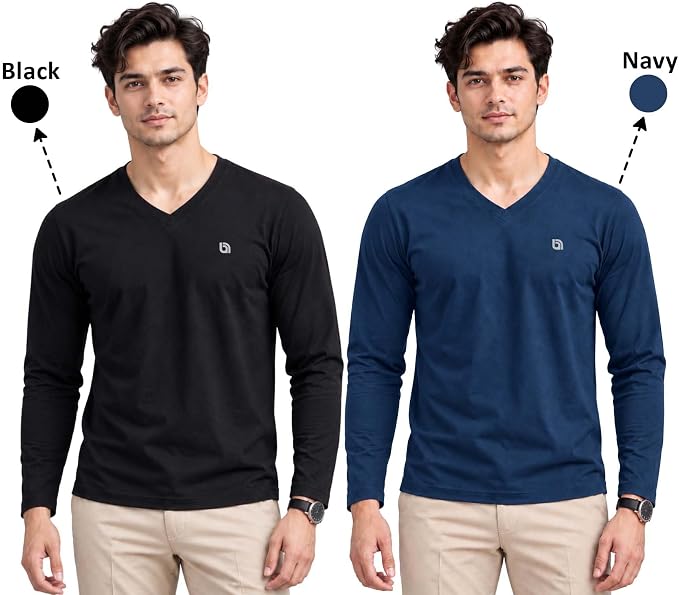 Bahob®2 Pack Men's Long Sleeved T-Shirt V Neck T-Shirts Comfortable Tops for Men Soft Cotton S-3XL
