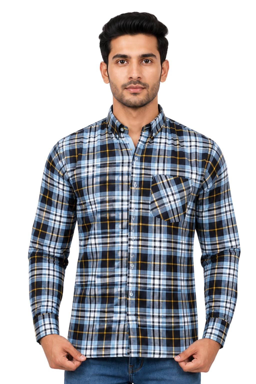 Men's Formal Dress Shirt Checked Long Sleeve Casual Mens Dress Shirt Cotton Button Down Shirts for Men with Pocket S-3XL