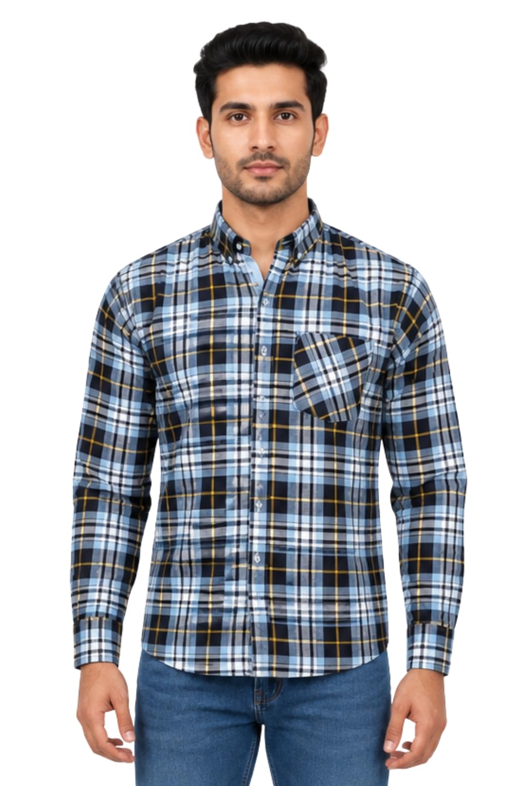 Men's Formal Dress Shirt Checked Long Sleeve Casual Mens Dress Shirt Cotton Button Down Shirts for Men with Pocket S-3XL