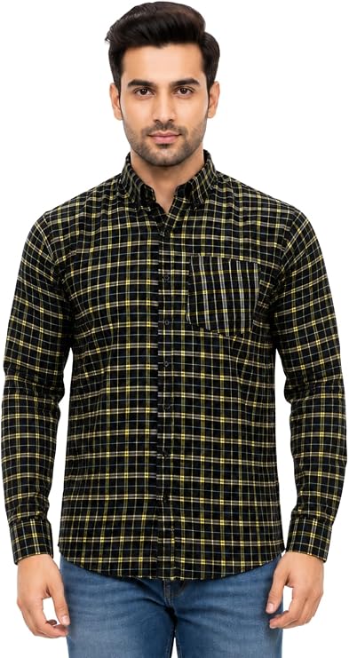 Men's Formal Dress Shirt Checked Long Sleeve Casual Mens Dress Shirt Cotton Button Down Shirts for Men with Pocket S-3XL