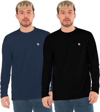 Bahob® 2 Pack Men's Long Sleeve T-Shirt Top Round Neck Full Sleeve T-Shirt Soft Cotton