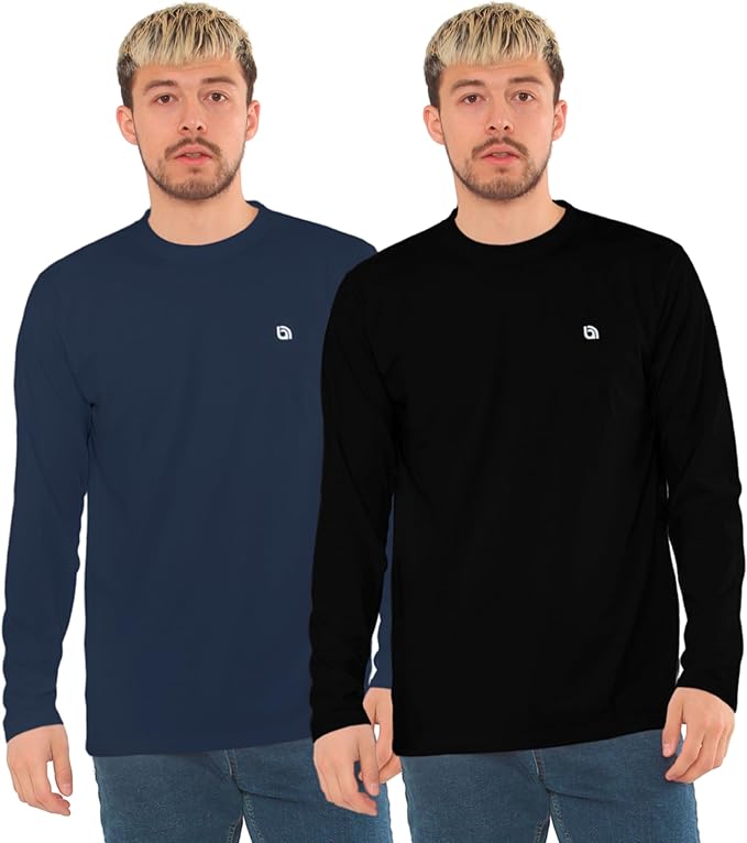 Bahob® 2 Pack Men's Long Sleeve T-Shirt Top Round Neck Full Sleeve T-Shirt Soft Cotton