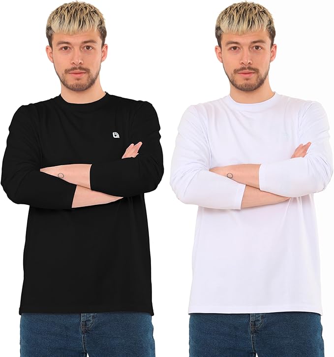 Bahob® 2 Pack Men's Long Sleeve T-Shirt Top Round Neck Full Sleeve T-Shirt Soft Cotton