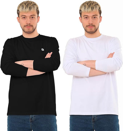 Bahob® 2 Pack Men's Long Sleeve T-Shirt Top Round Neck Full Sleeve T-Shirt Soft Cotton