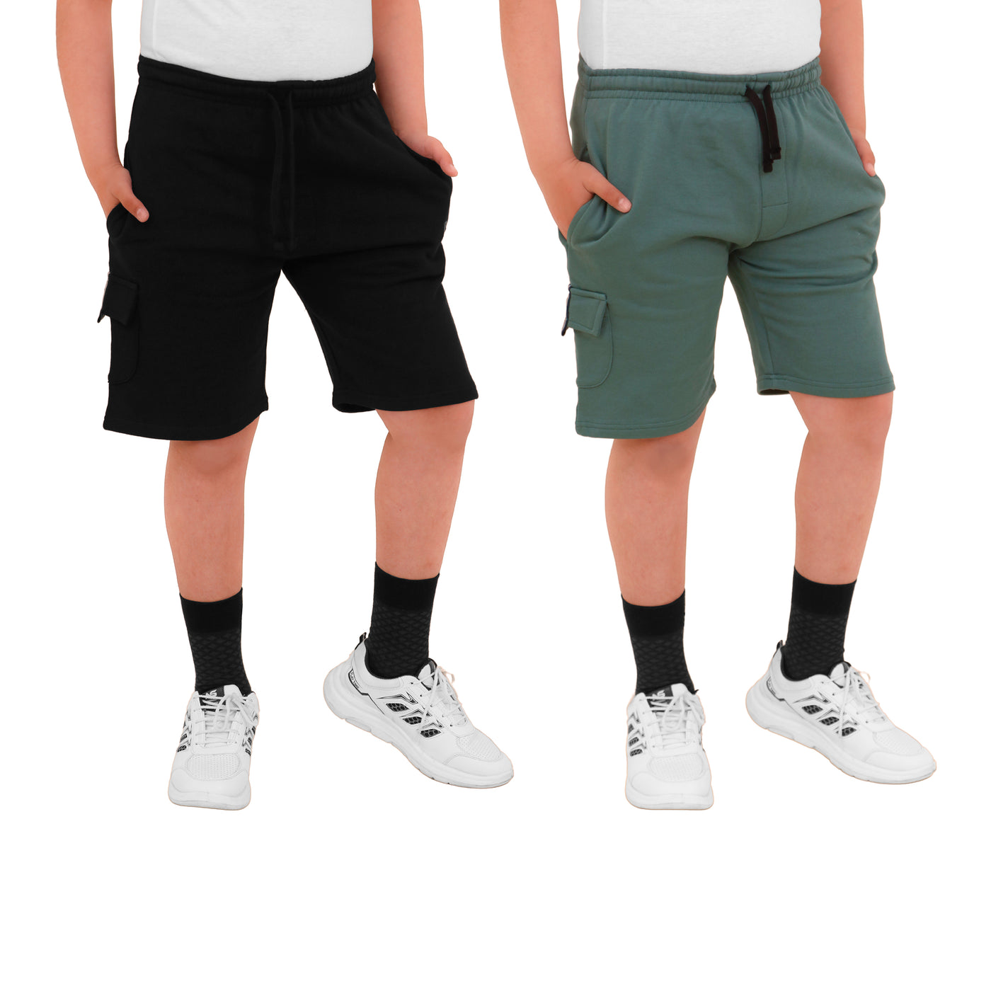 2 Pack Boys Cargo Shorts with Pockets Kids Terry Fleece Short Summer Shorts Elasticated Waistband 5-14 Years