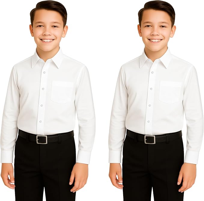 Bahob® 2 Pack Boy's School Uniform Long Sleeve Button Down White School Shirts 3-14 Years