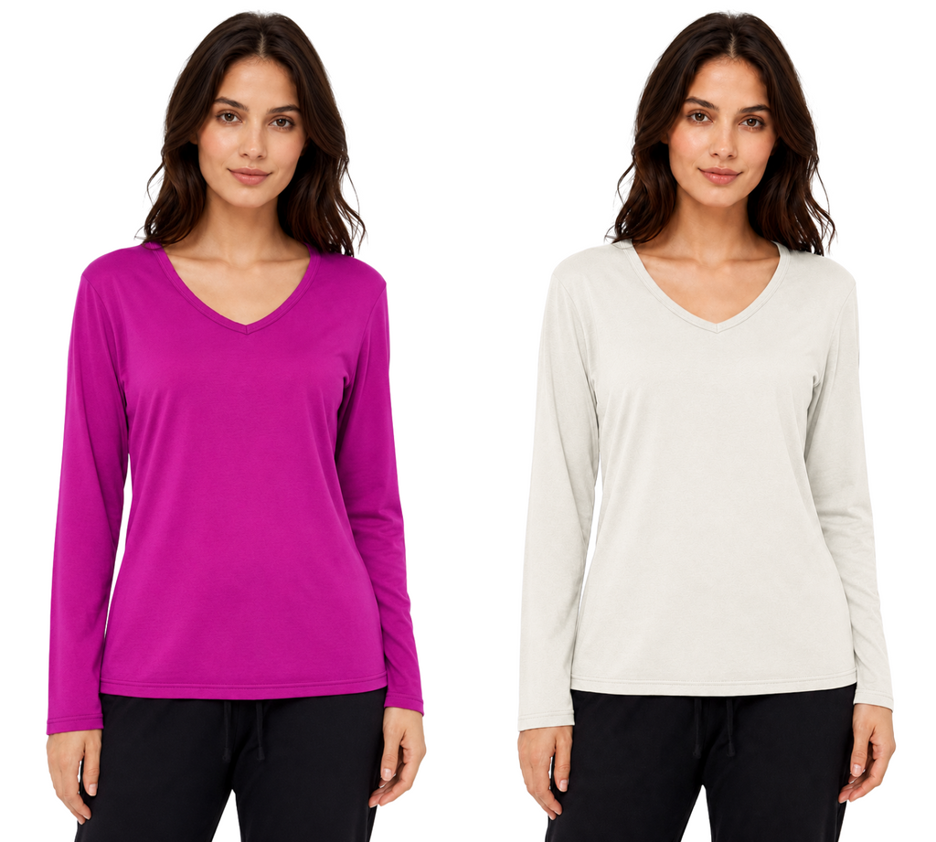 2 Pack Women's Classic Fit Long Sleeve V Neck T-Shirt Multipacks Ladies Long Sleeve T-Shirt Top S-XXL