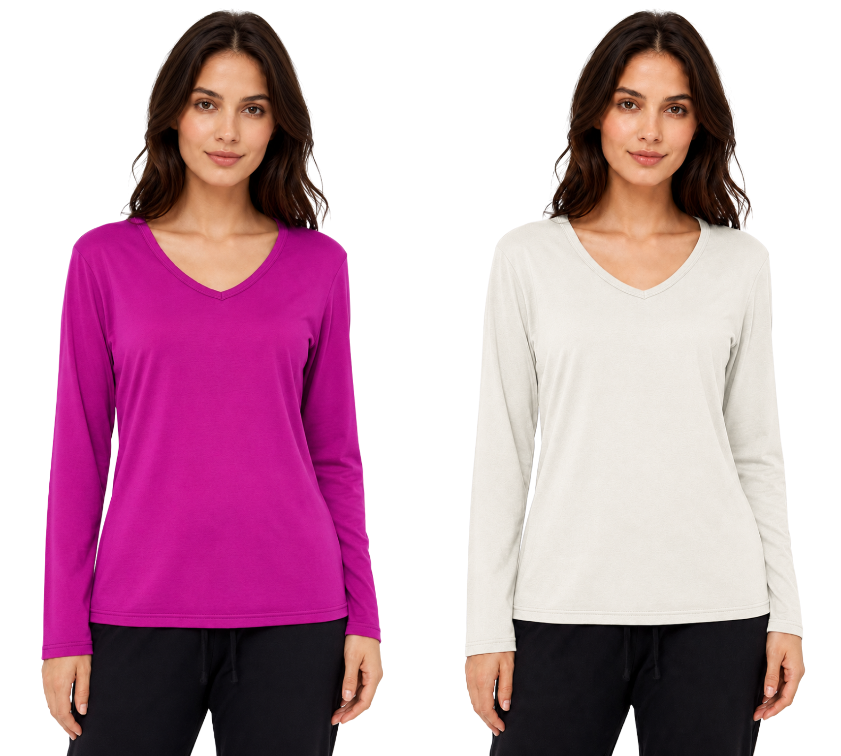 2 Pack Women's Classic Fit Long Sleeve V Neck T-Shirt Multipacks Ladies Long Sleeve T-Shirt Top S-XXL
